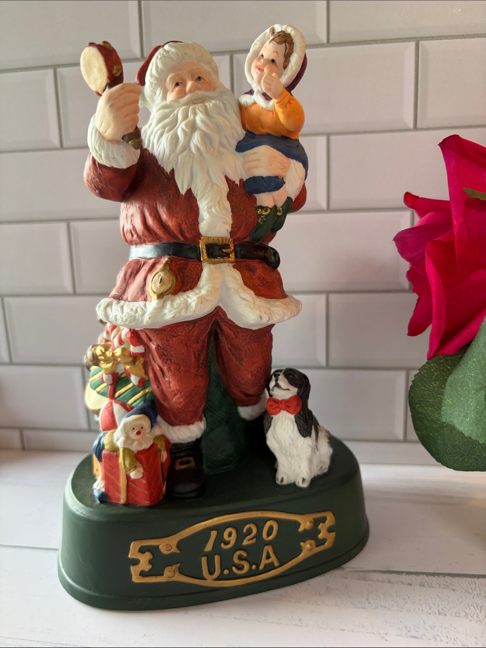 Santa with Child and Dog Figurine - Red & Green Holiday Decor 1920